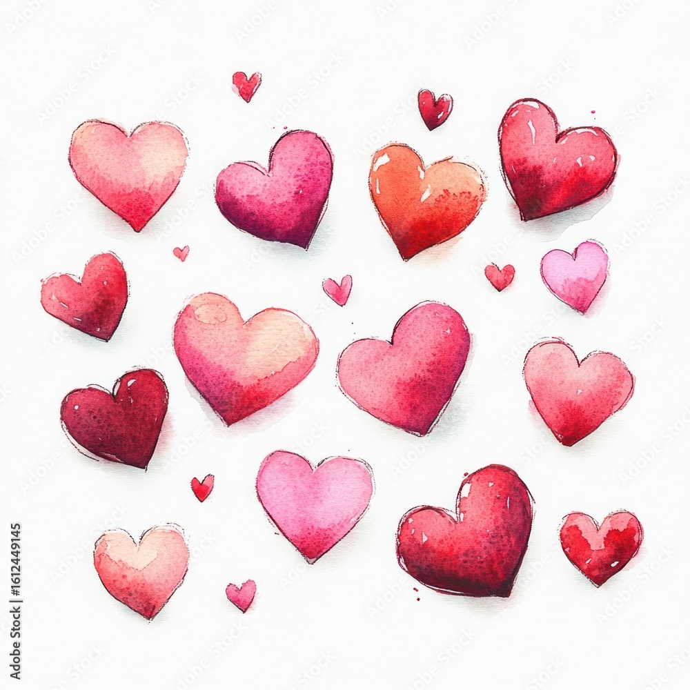 Obraz premium Hand-painted watercolor collection of various sized and shaded pink and red hearts on white background expressing love and affection