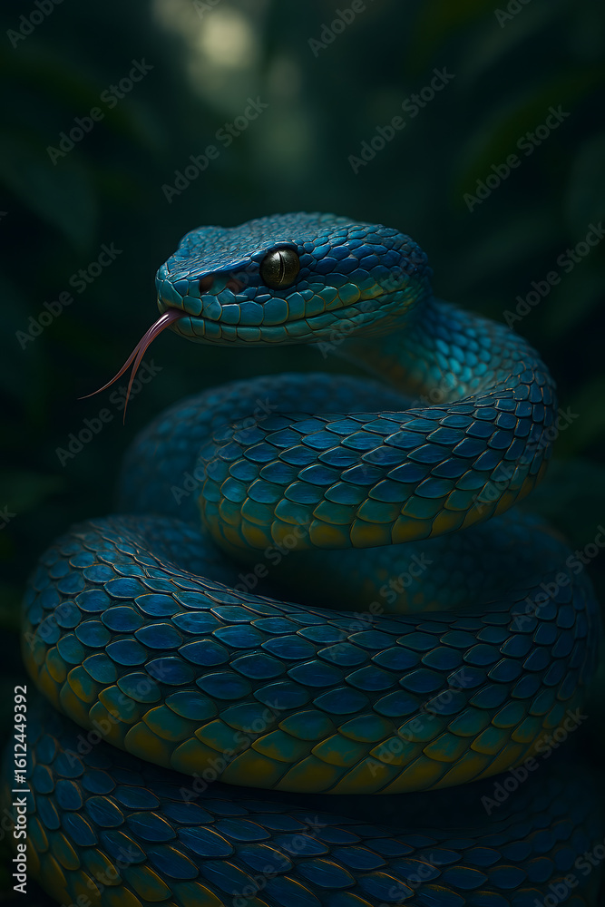 Fototapeta premium Coiled Blue Viper snake in Jungle