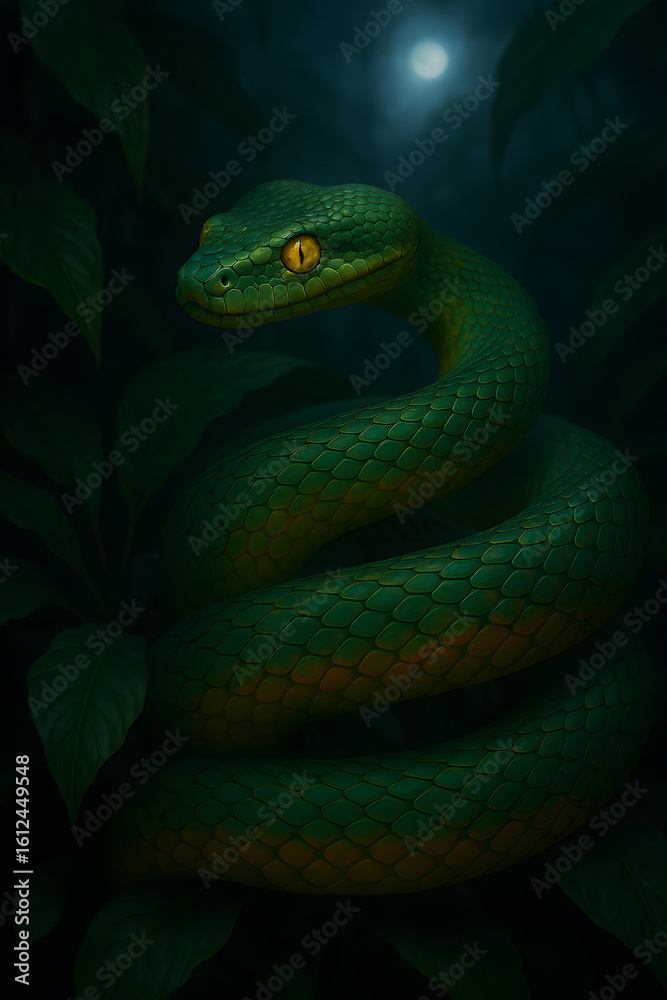 Fototapeta premium Green Python snake under Moonlight