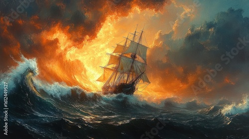 Tall sailing ship navigating through stormy seas with large waves under a fiery orange and yellow dramatic sky