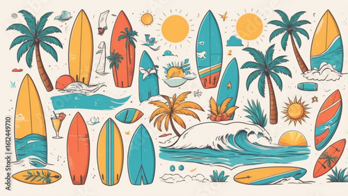 Beach Doodle Vector Set – Hand Drawn Summer Icons (Palm Trees, Waves, Surfboards & More)