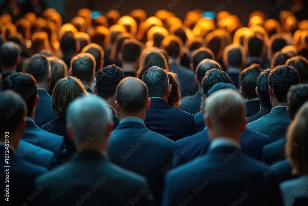 Fototapeta premium Large audience of people dressed in formal attire sitting closely together facing forward under warm lighting