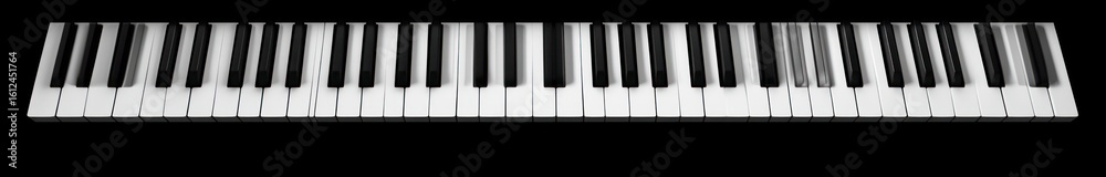 Naklejka premium Horizontal view of a full piano keyboard with black and white keys isolated on a black background