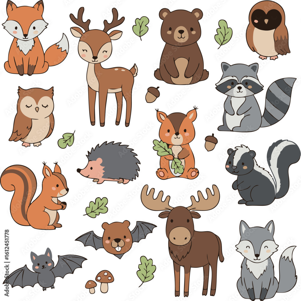 Fototapeta premium A collection of cute cartoon forest animals, including a fox, deer, bear, owl, raccoon, squirrel, hedgehog, skunk, moose, and bat, with leaves and acorns.