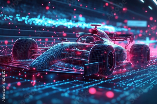 Futuristic racing car made of glowing digital wireframe with neon blue and pink lights in motion, creating dynamic and high-tech energy atmosphere