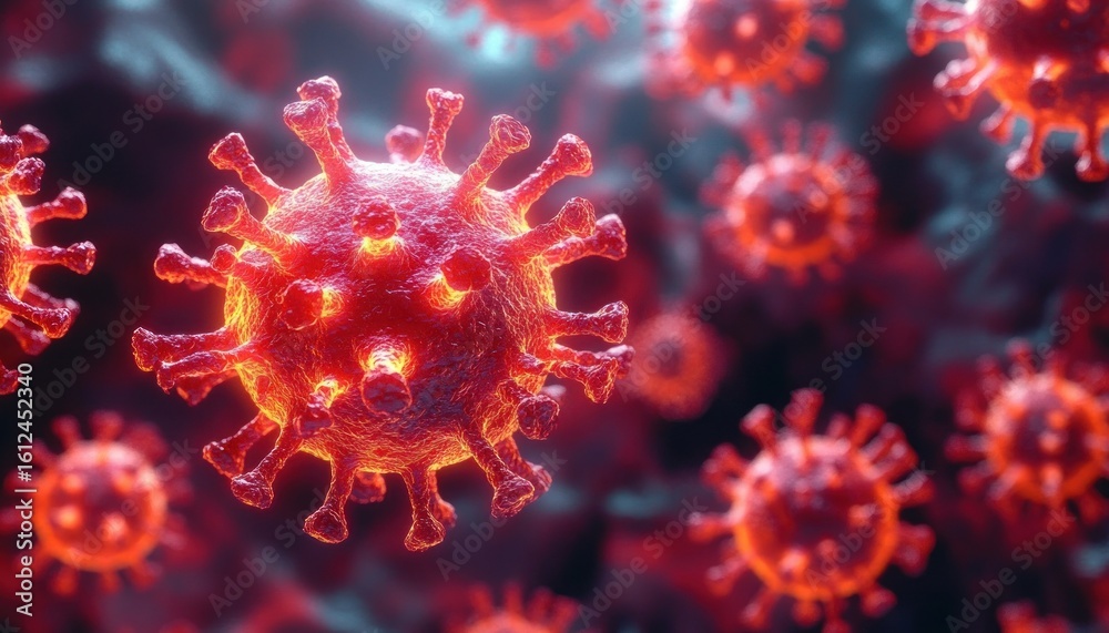 Obraz premium Close-up 3D rendering of multiple red virus particles with spike proteins floating in a dark background, showing detailed texture and glowing effect