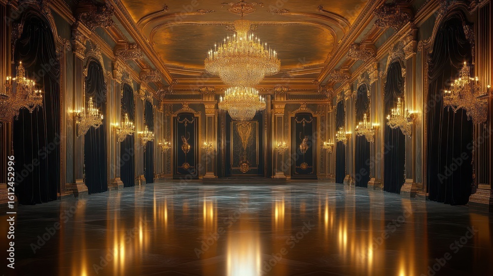 Obraz premium Luxurious grand ballroom with ornate golden decorations, multiple large sparkling chandeliers, heavy dark drapes, detailed wall moldings, and polished reflective floor emitting warm golden light