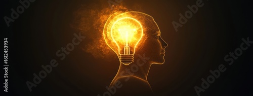 Profile of a wireframe human head with a glowing fiery light bulb inside symbolizing bright ideas and creativity