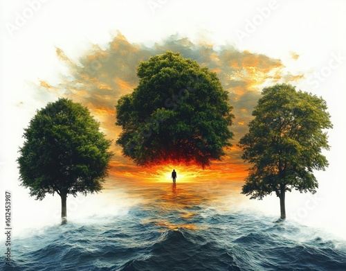 Surreal scene with three large lush green trees standing in water under a dramatic fiery sunset sky with a solitary human figure at the center tree's base, evoking mystery and solitude