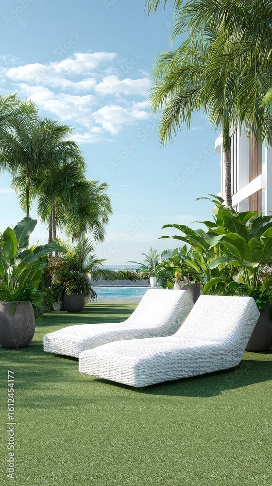 Fototapeta premium Tropical Outdoor Lounge with Lush Greenery and Water View