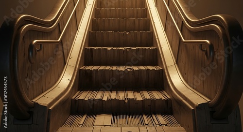 Artistic rendition of an old wooden escalator with a warm sepia filter applied