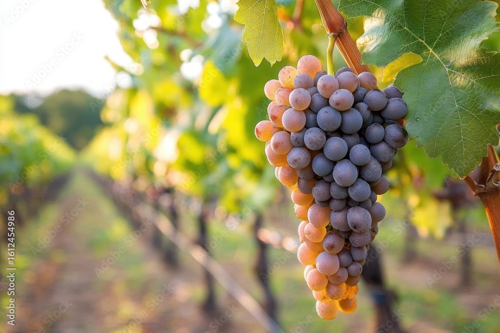 Fototapeta premium Close-up of ripe purple grapes hanging on a vine in a sunlit vineyard with blurred rows of grapevines in the background