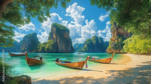 Tropical beach with turquoise water, traditional wooden boats floating near sandy shore, surrounded by towering limestone cliffs and lush green foliage under a bright blue sky with fluffy clouds