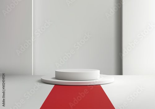 mockup display podium with white circular pedestals on red carpet in clean white background for product presentation showroom showcase minimal modern concept