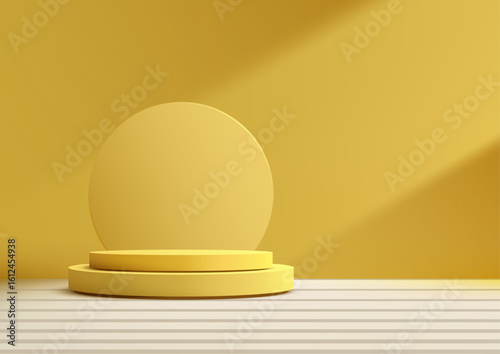 minimal product display with yellow circular backdrop and round pedestals on striped white surface in warm light for mockup modern showroom background