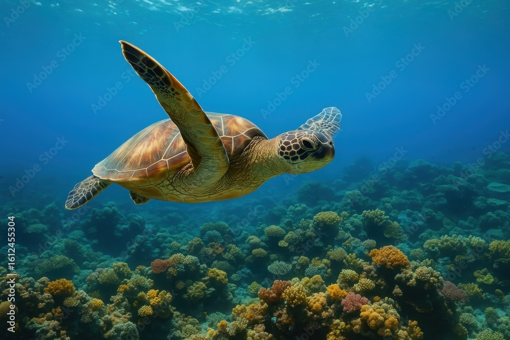 Obraz premium Majestic sea turtle swimming gracefully through crystal clear ocean water with coral reef