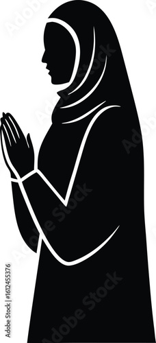 Silhouette illustration of a Muslim woman in a hijab praying in a side view profile