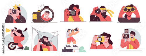 A set of 10 stylized illustrations of people using cameras and binoculars in unique poses. Ideal for creative projects, blogs, travel content, or photography-themed designs.