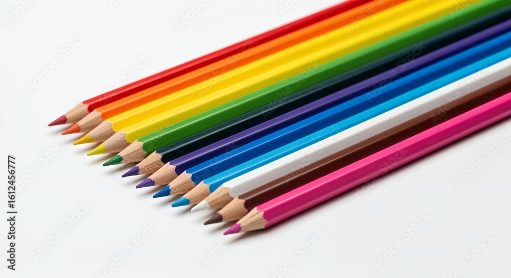 A vibrant collection of colored pencils arranged in a rainbow pattern against a white background, showcasing their bright hues and sharp points. A vibrant collection of colored pencils arranged in a rainbow pattern against a white background, showcasing their bright hues and sharp points.