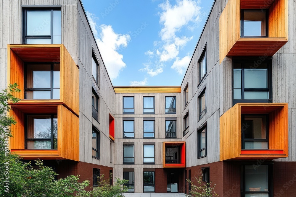 Obraz premium Modern residential building with wooden and concrete facade featuring large windows, protruding orange wooden frames, and small green bushes at the base under a bright blue sky with clouds