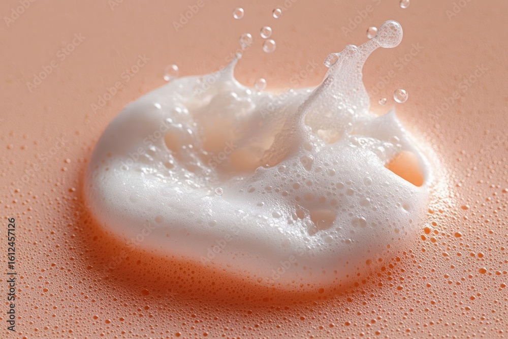 Fototapeta premium Close-up of white frothy foam splashing over smooth peach-colored liquid surface, capturing dynamic bubbles and motion