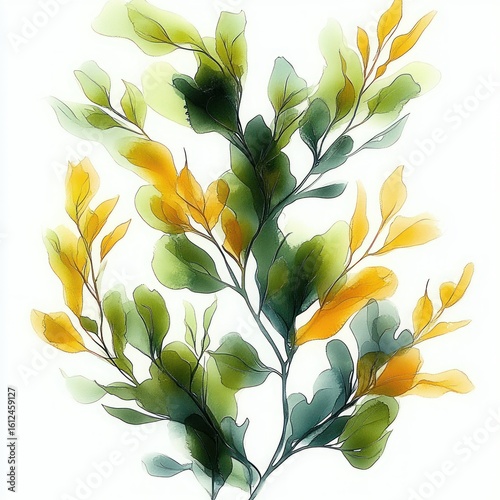 Delicate watercolor painting of leafy branches with green and yellow leaves on a white background conveying freshness and tranquility