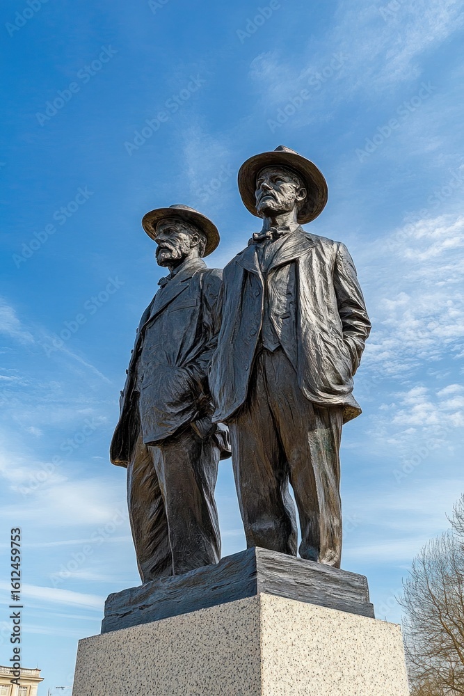 Fototapeta premium Bronze statue of two men dressed in early 20th century suits and hats standing side by side on a stone pedestal against a clear blue sky with light clouds