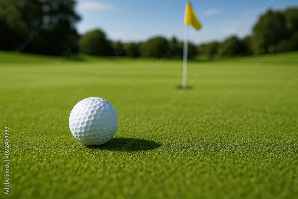 Obraz premium Professional golf ball positioned perfectly on manicured putting green with flagstick and pristine course conditions