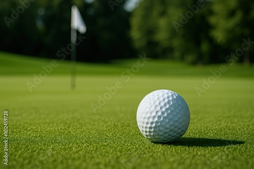 Professional golf ball positioned perfectly on manicured putting green with flagstick and pristine course conditions