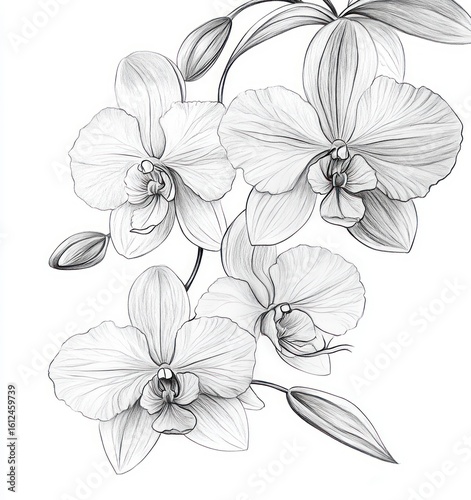 Detailed pencil drawing of orchid flowers and buds with delicate shading and intricate petal textures