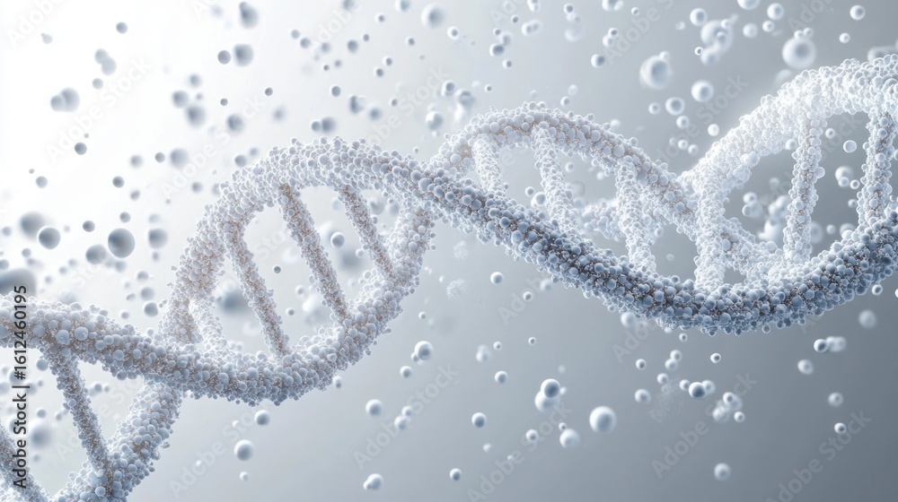 Fototapeta premium Detailed close-up visualization of a DNA double helix composed of numerous small spheres against a light neutral background conveying complexity and precision