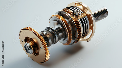 A close up of a gear with a spring attached to it. The gear is made of metal and has a circular shape