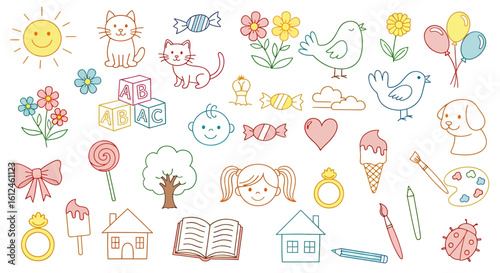 Colorful hand-drawn illustrations perfect for birthday cards, invitations, and carnival decorations, featuring cute animals, sweets, and cheerful words.