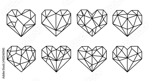 Geometric heart drawings: eight unique low poly hearts perfect for birthday cards, party invitations, or festive carnival designs.  Use these elegant illustrations for your next creative project,