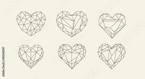 Six geometric heart shapes with a wireframe, low poly design create a modern and stylish graphic element for love, romance, or abstract art.