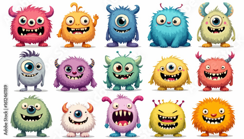An adorable assortment of happy, smiling, and playful cartoon monsters, each with unique features and bright colors, perfect for children's designs.