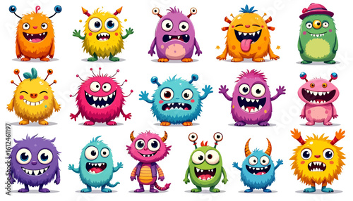 Cute colorful monsters celebrating a happy birthday with confetti, cupcakes, and festive greetings, perfect for children's cards and party invitations.