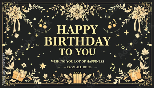 An elegant birthday greeting card with intricate floral designs, musical notes, and a heartfelt message, perfect for celebrating a special day with loved ones and wishing them joy and happiness.