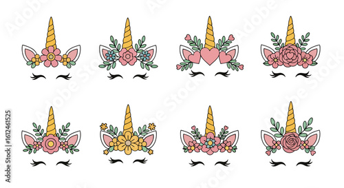 A collection of cute cartoon unicorn faces with various floral wreaths and golden horns, perfect for magical celebrations and children's party invitations.