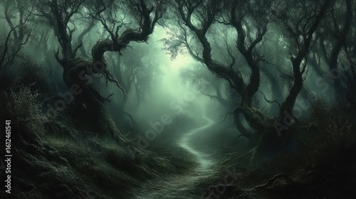 Wallpaper Mural Mysterious winding path through a dense, foggy forest with twisted, ancient trees creating an eerie and haunting atmosphere Torontodigital.ca