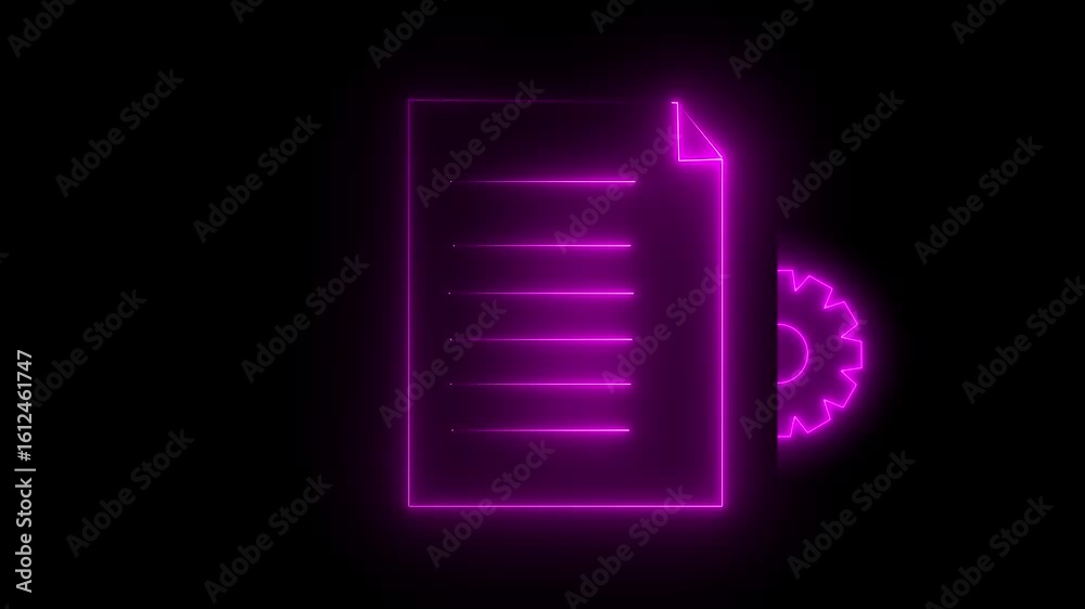 Glowing neon line Document settings .Neon line Document settings with gears icon isolated on black background.4k video Glowing neon line Document settings .Neon line Document settings with gears icon isolated on black background.4k video