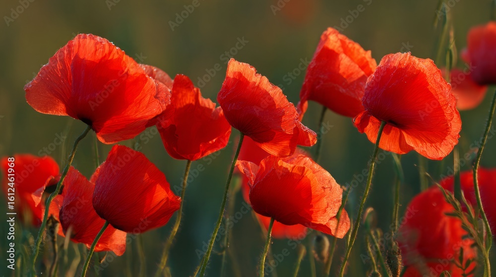 Fototapeta premium Vibrant red poppies glowing under the golden light of a sunset. 