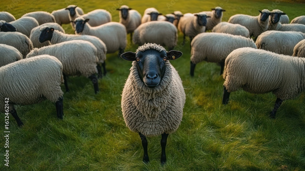Fototapeta premium Flock of sheep with black faces standing on green grass field staring at the camera on a clear day
