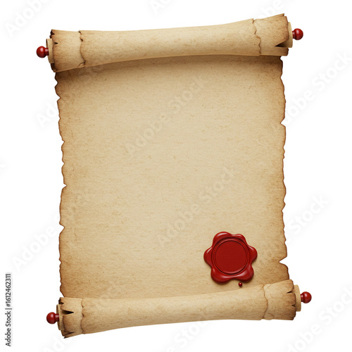 Realistic open parchment scroll with red wax seal isolated isolated on white background	
