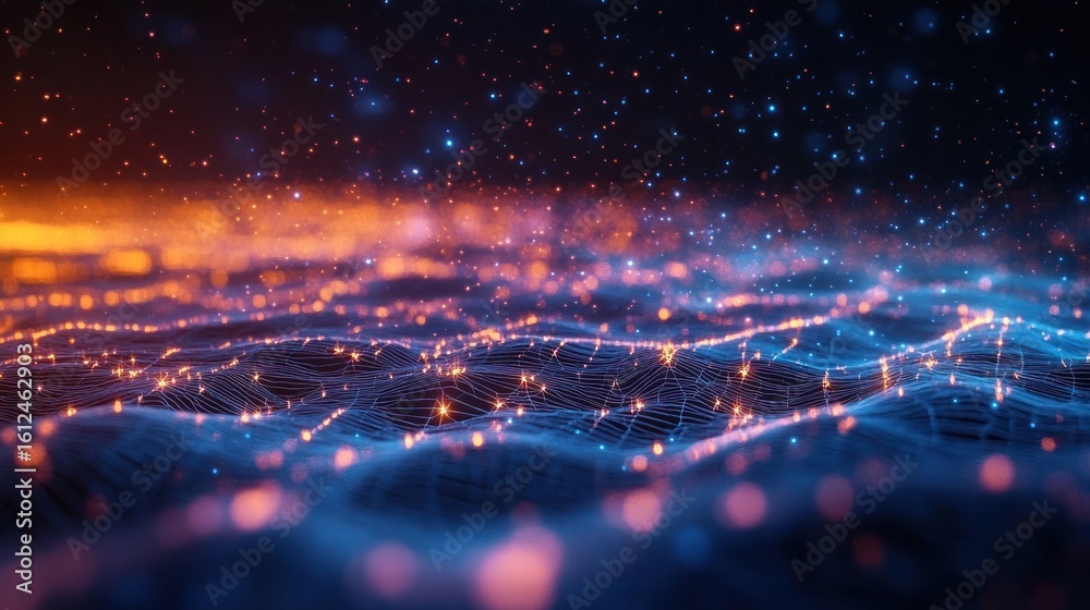 Fototapeta premium Abstract digital landscape featuring glowing blue and orange light networks resembling a futuristic grid with sparkling points of light creating a dynamic, vibrant atmosphere