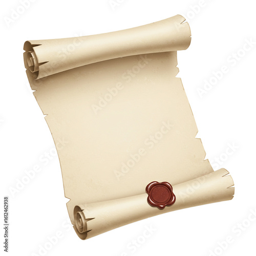 Realistic open parchment scroll with red wax seal isolated isolated on white background	
