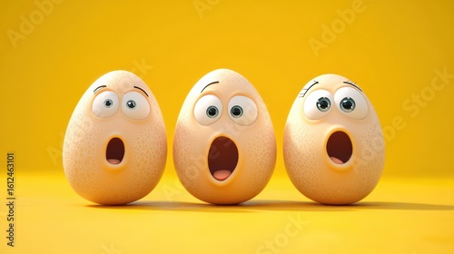 Three animated eggs with surprised and shocked expressions on a vibrant yellow background