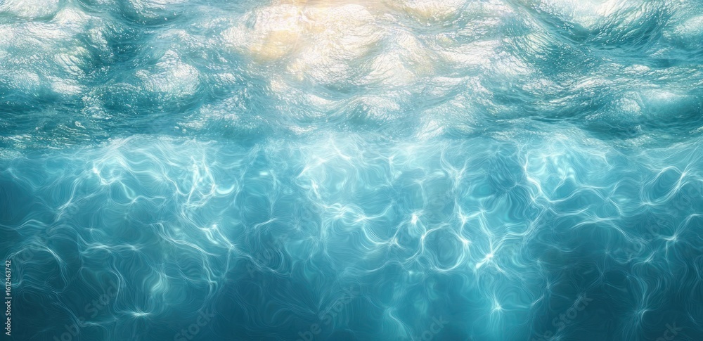 Fototapeta premium Sunlight filtering through the surface of clear, blue, gently rippling water creating a serene and calming underwater scene