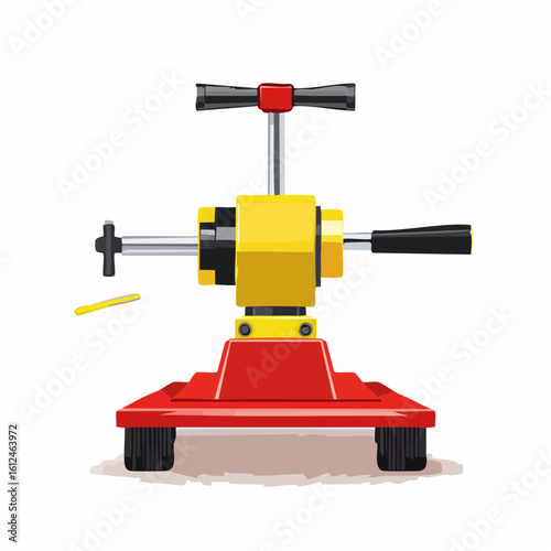 Manual hand press machine vector illustration. Front view of a red and yellow workshop tool for mechanical work isolated on a white background.