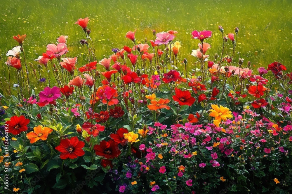 Fototapeta premium vibrant colorful wildflowers blooming in a lush green meadow under sunlight, creating a lively and cheerful spring atmosphere